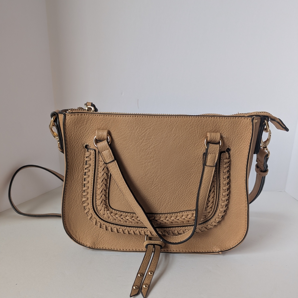 Sole Society Tan Crossbody Shoulder Bag Braided Trim Tassel Saddle Purse